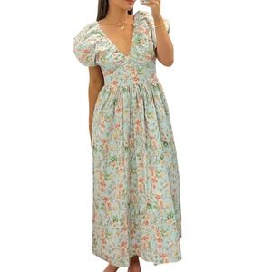 Society Social x Crown & Ivy Floral Puff Sleeve Midi Dress Blue Pink 10 NEW